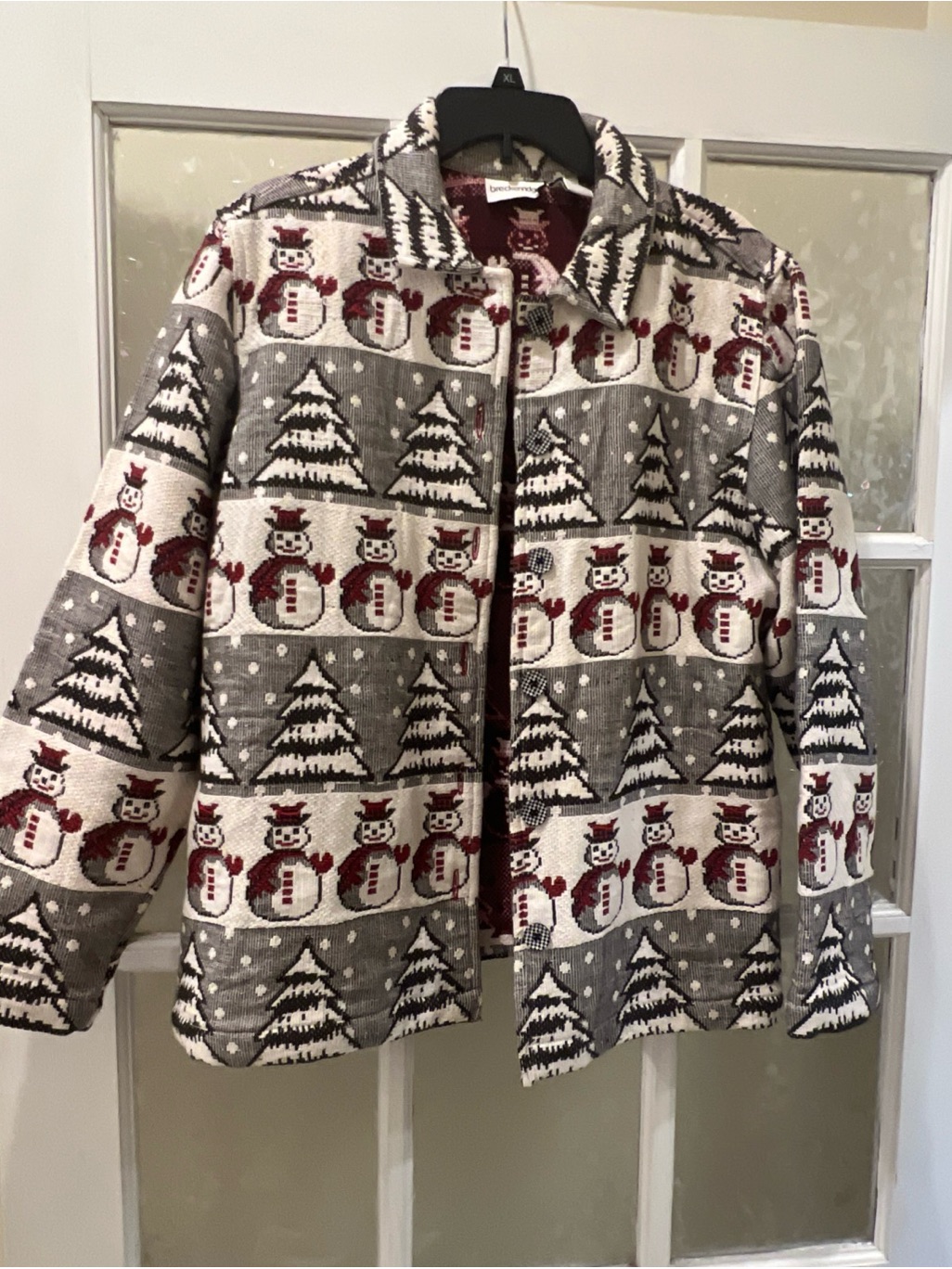 Women’s Tapestry Winter Snowman Jacket - Gray & White With Red Accents